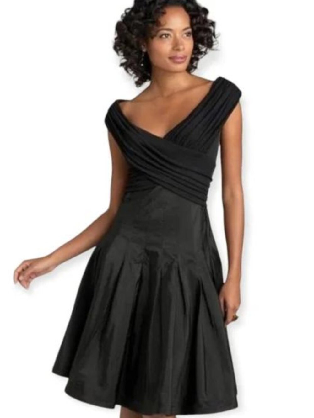 Tadashi Collection Black Ruched Pleated Taffeta Fit & Flare Cocktail Dress Sz 8